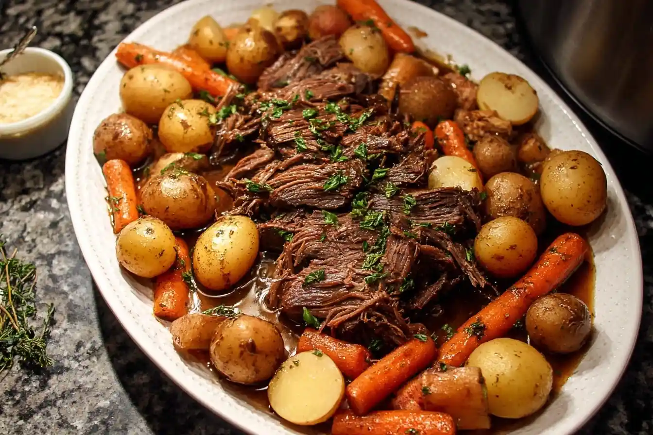 A platter of tender Instant Pot Pot Roast, shredded and served with whole potatoes and carrots in a rich gravy.