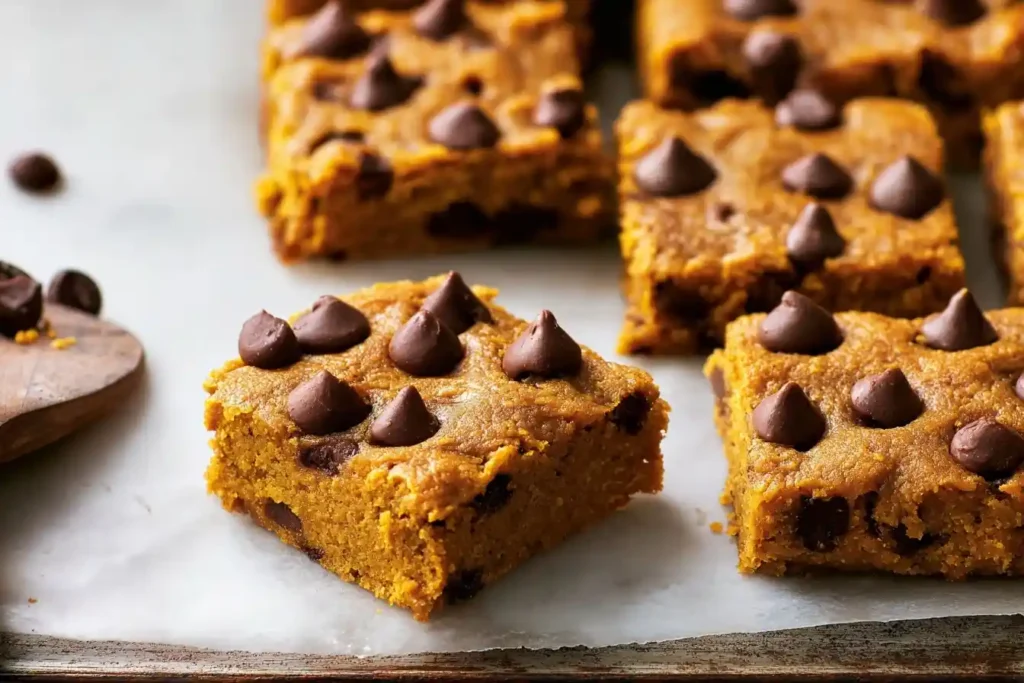 A close-up of freshly baked pumpkin chocolate chip bars on parchment paper, with one square highlighted in the foreground.