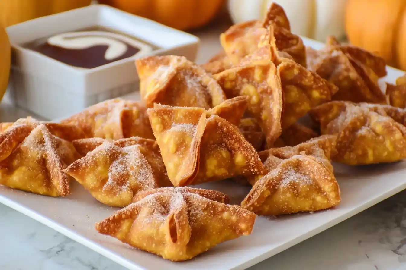 A white plate piled with golden, crispy Pumpkin Wontons dusted with sugar, with a creamy dipping sauce in the background.