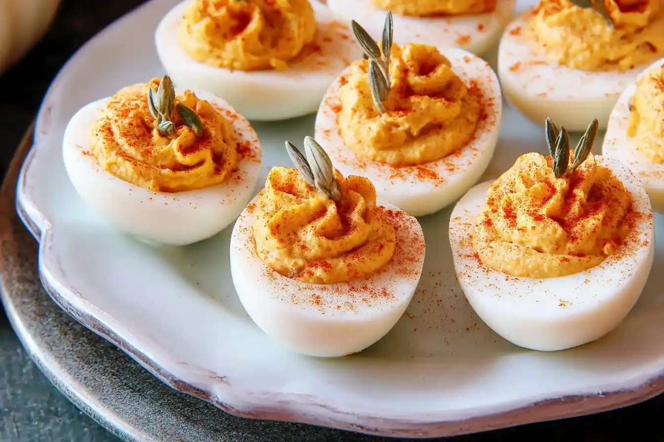 A close-up of creamy Pumpkin Deviled Eggs on a light blue plate, garnished with paprika and a sprig of fresh sage.