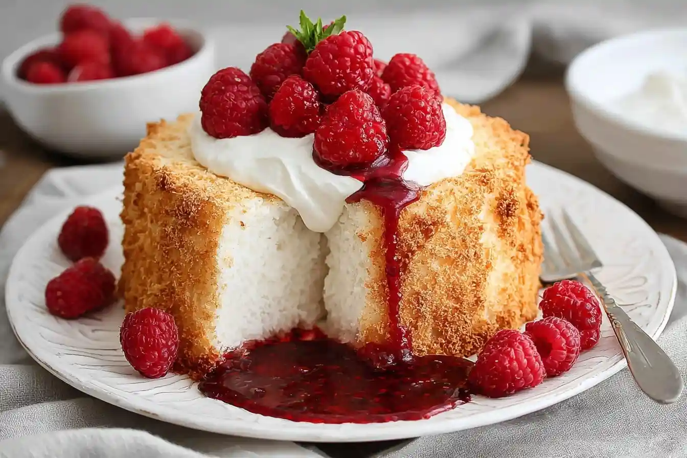 A slice of Toasted Coconut Angel Food Cake on a plate, topped with whipped cream, raspberry sauce, and fresh raspberries.