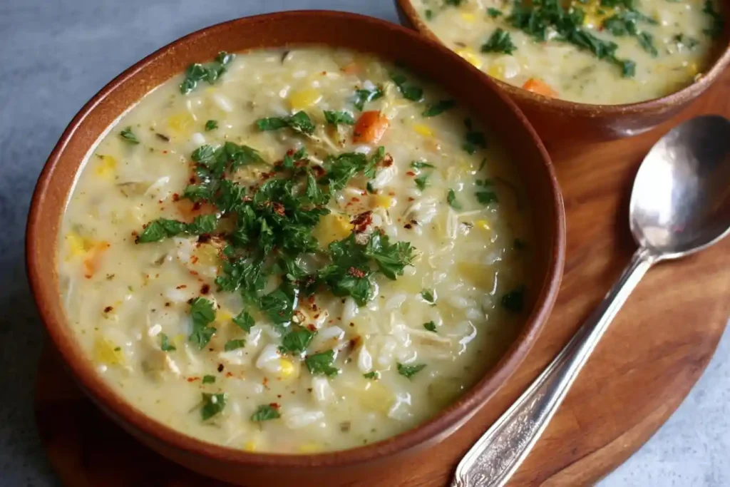 A close-up of a rustic brown bowl filled with creamy chicken and rice soup, garnished with fresh parsley and spices.