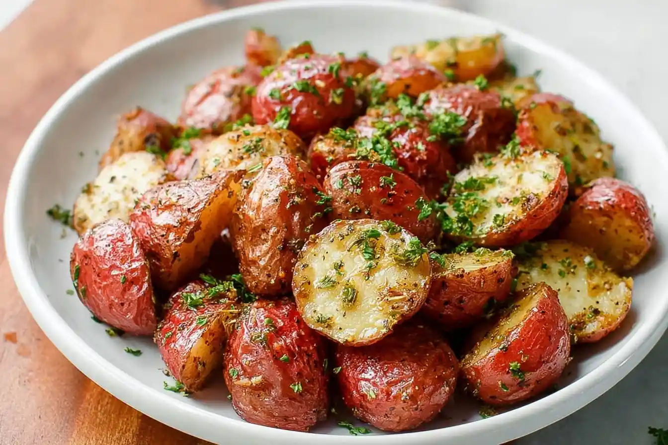 A white bowl filled with crispy roasted red potatoes, halved and seasoned with fresh parsley and other herbs.