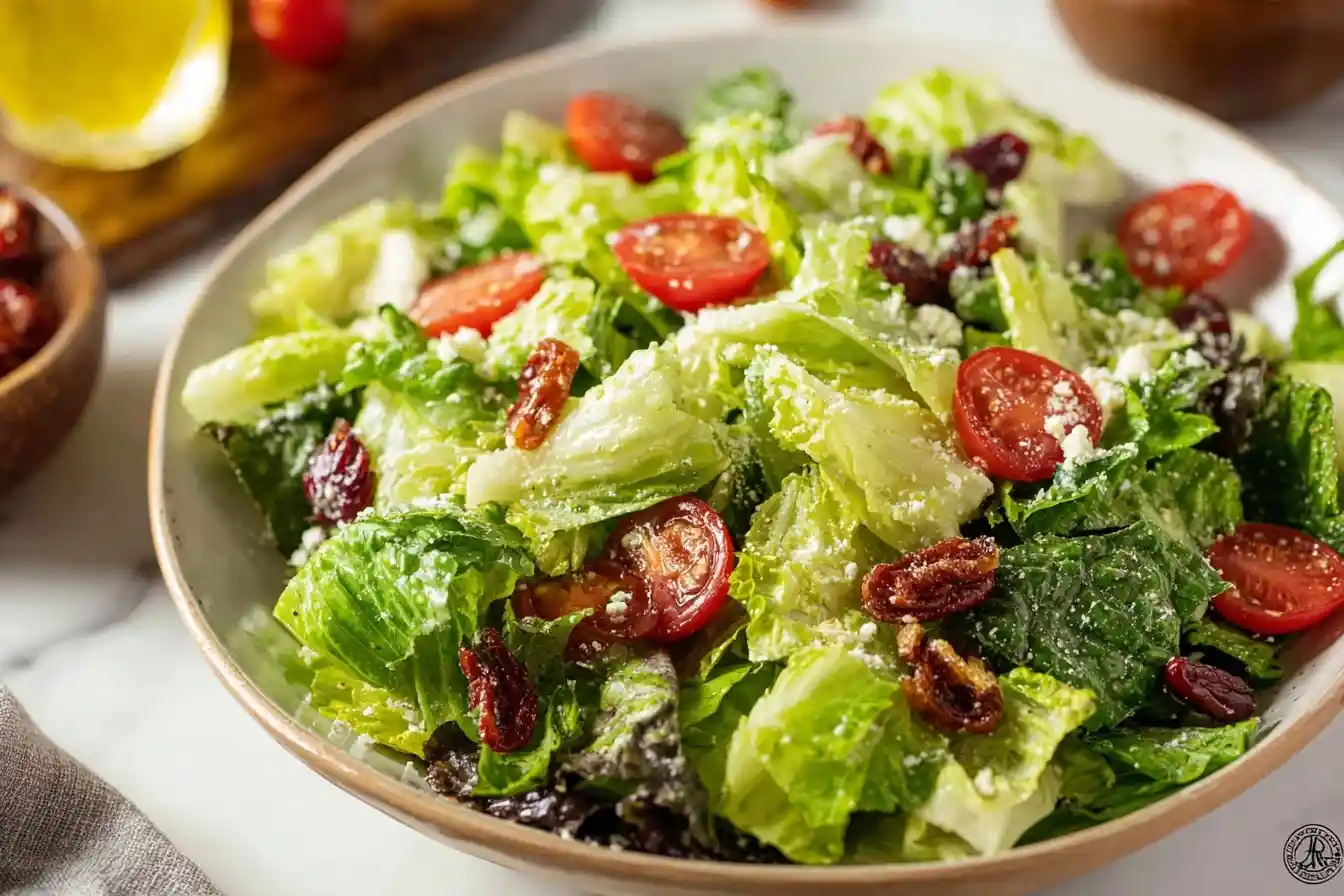 A close-up of a vibrant House Salad in a ceramic bowl, with lettuce, cherry tomatoes, dried cranberries, and crumbled cheese.