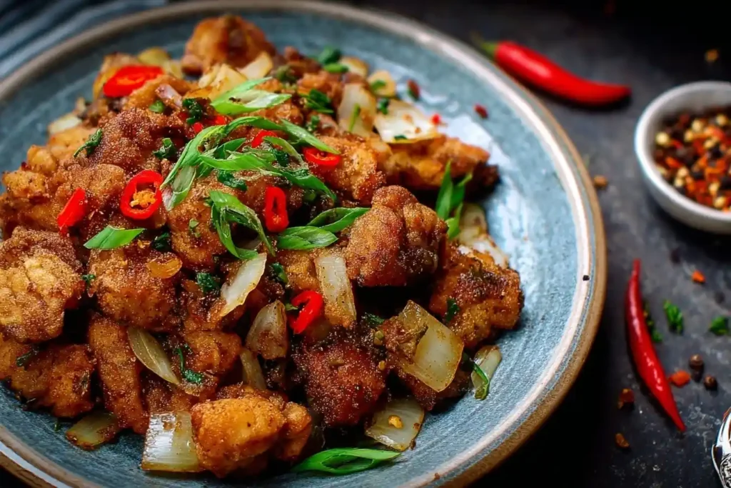 A close-up of a rustic blue plate filled with crispy salt and pepper chicken, garnished with fresh chilies and green onions.