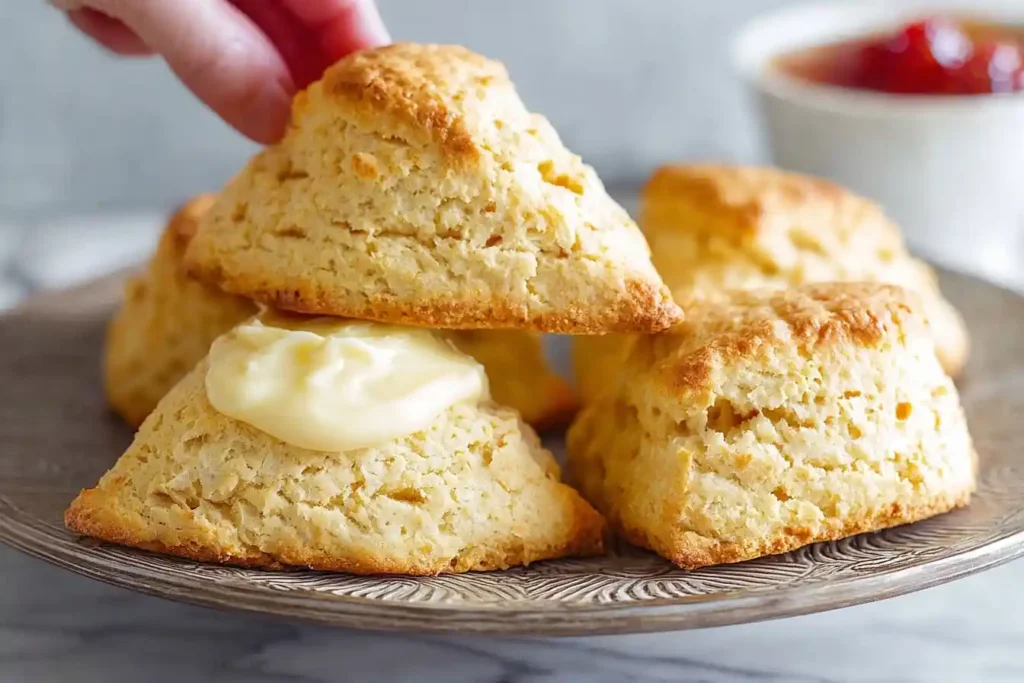 A hand placing the top on a freshly baked Lemon Scone with cream, served on a silver plate with jam in the background.