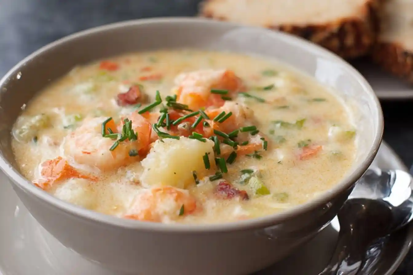 A warm bowl of creamy Shrimp Chowder loaded with potatoes and bacon, garnished with fresh chives, served with bread.