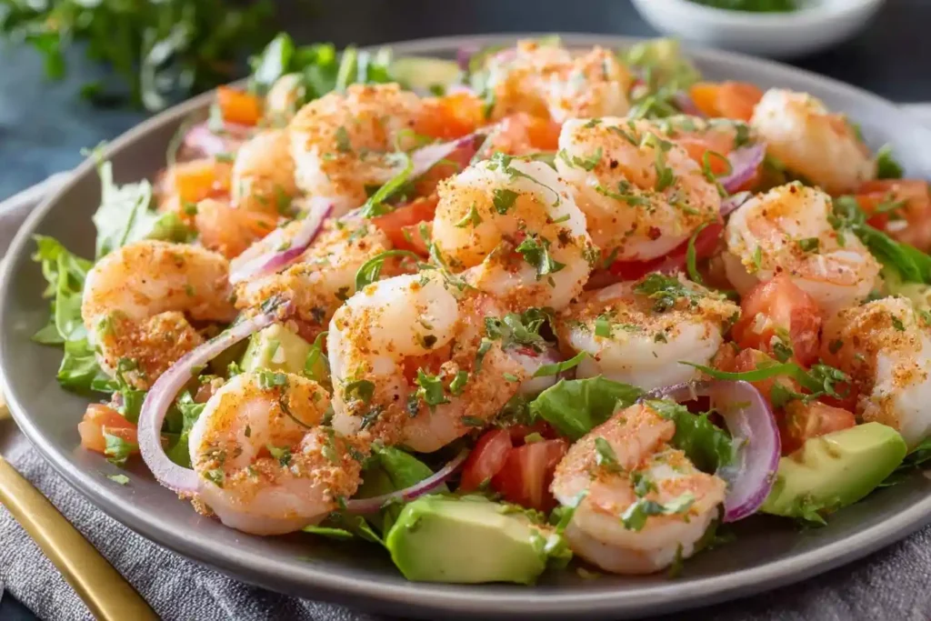 A close-up of a vibrant Shrimp Avocado Salad with seasoned shrimp, tomatoes, red onion, and fresh herbs on a grey plate.