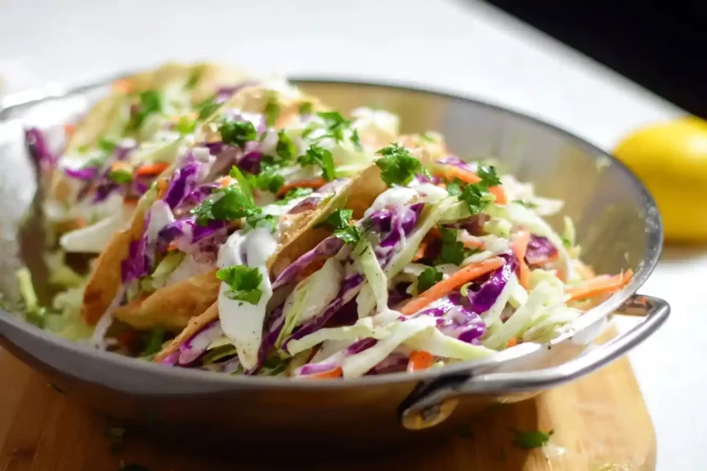 A close-up of several Crispy Fish Tacos in a metal bowl, topped with colorful slaw, creamy sauce, and fresh cilantro.