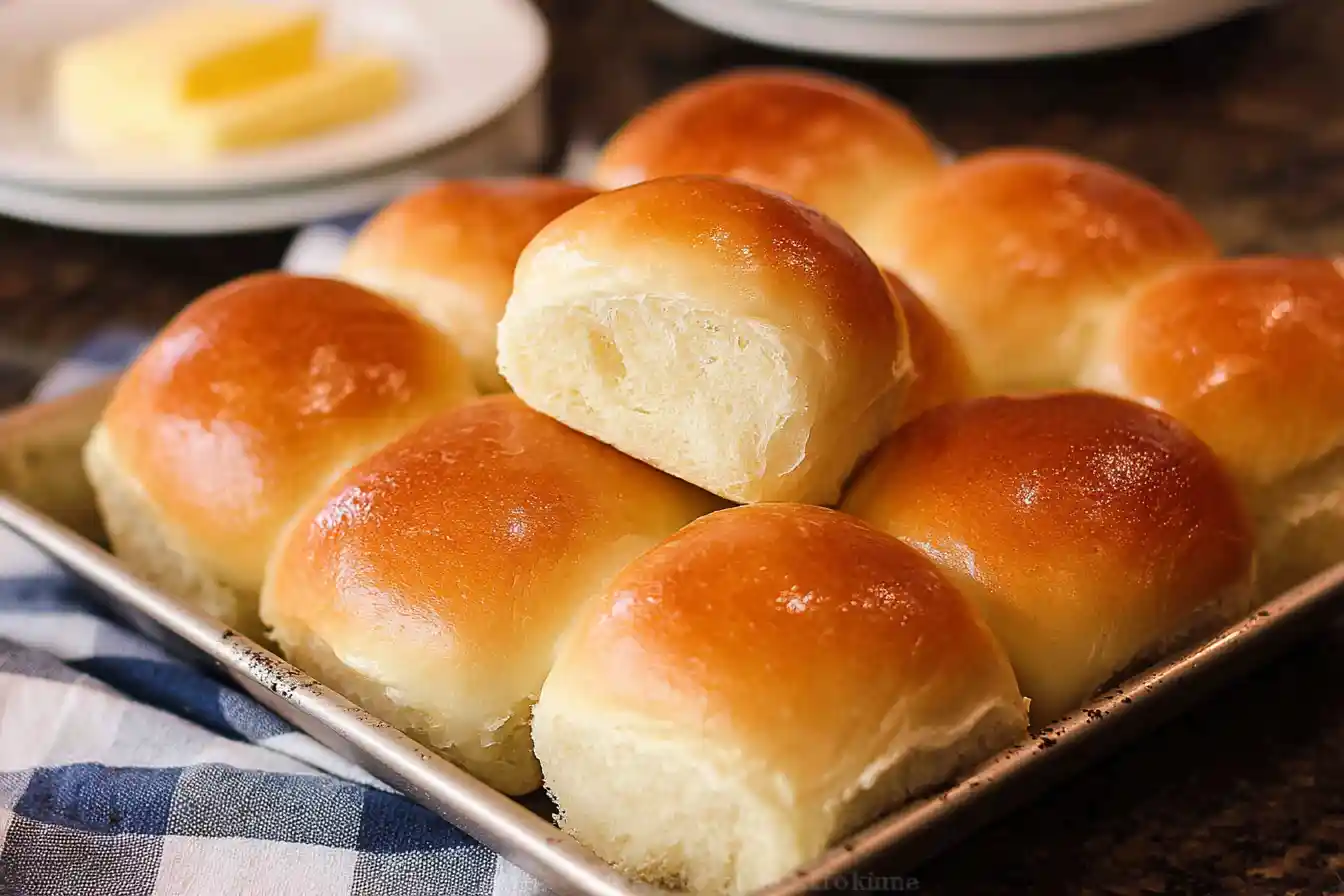 A close-up shot of freshly baked, golden-brown Soft Dinner Rolls arranged invitingly in a rustic woven basket.