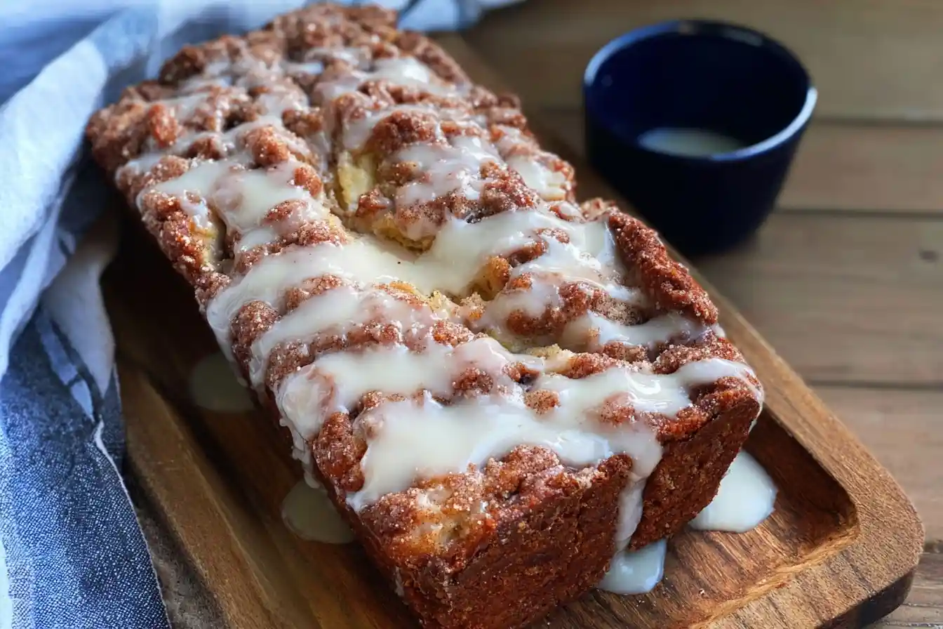 A delicious loaf of apple fritter bread with a cinnamon streusel topping, drizzled with a sweet white glaze on a wooden board.
