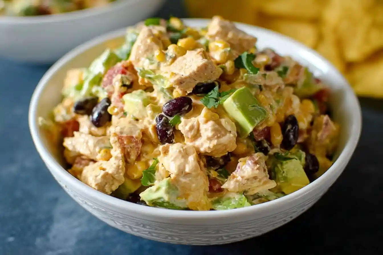 A close-up of a white bowl filled with creamy Southwest Chicken Salad with corn, black beans, and avocado.