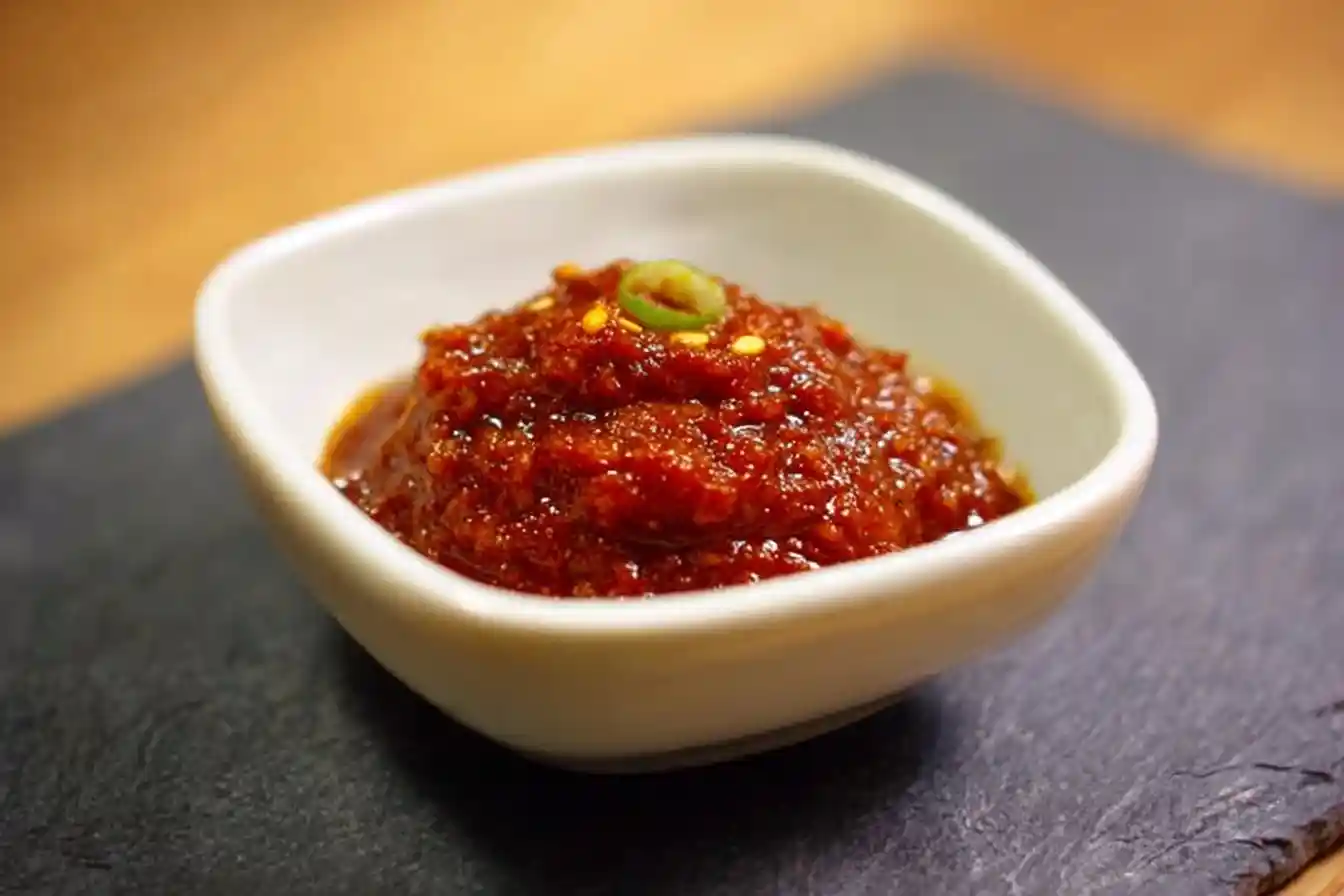 A small white bowl filled with vibrant red {{ $('Fetch Recipe Data').first().json["Main Keyword"] }}, a Korean chili paste, garnished with a fresh green chili.