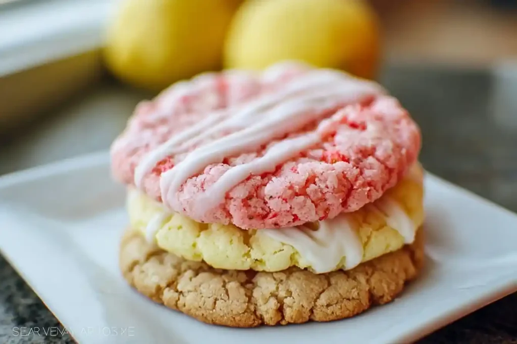 A close-up of a colorful stack of three lemon strawberry cookies drizzled with white icing and served on a square white plate.
