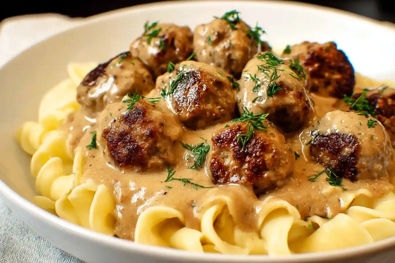 A close-up shot of a white bowl filled with classic {{ $('Fetch Recipe Data').first().json["Main Keyword"] }} smothered in a creamy gravy over egg noodles.