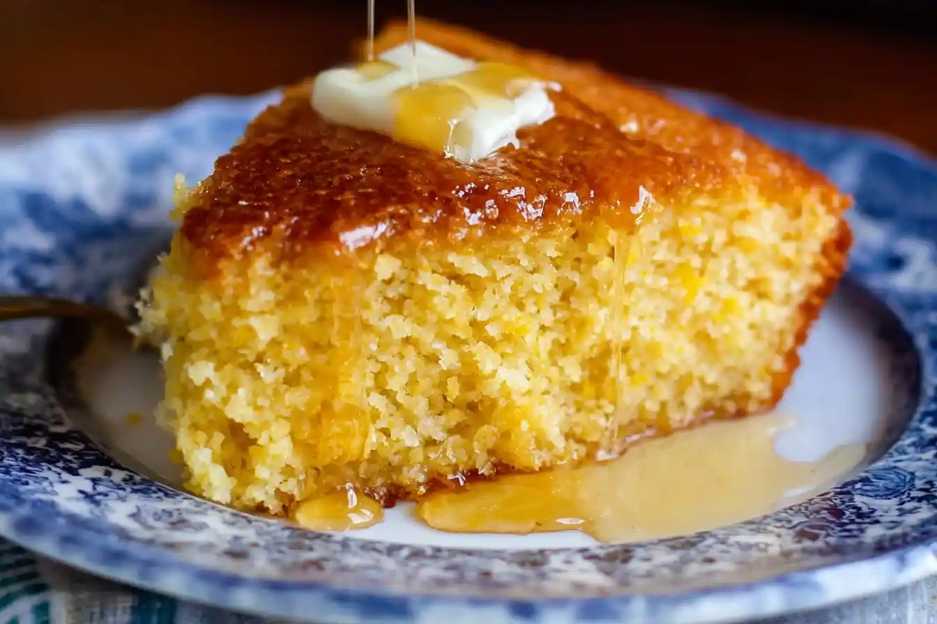 A warm slice of moist cornbread on a blue plate, topped with melting butter and a generous drizzle of golden honey.