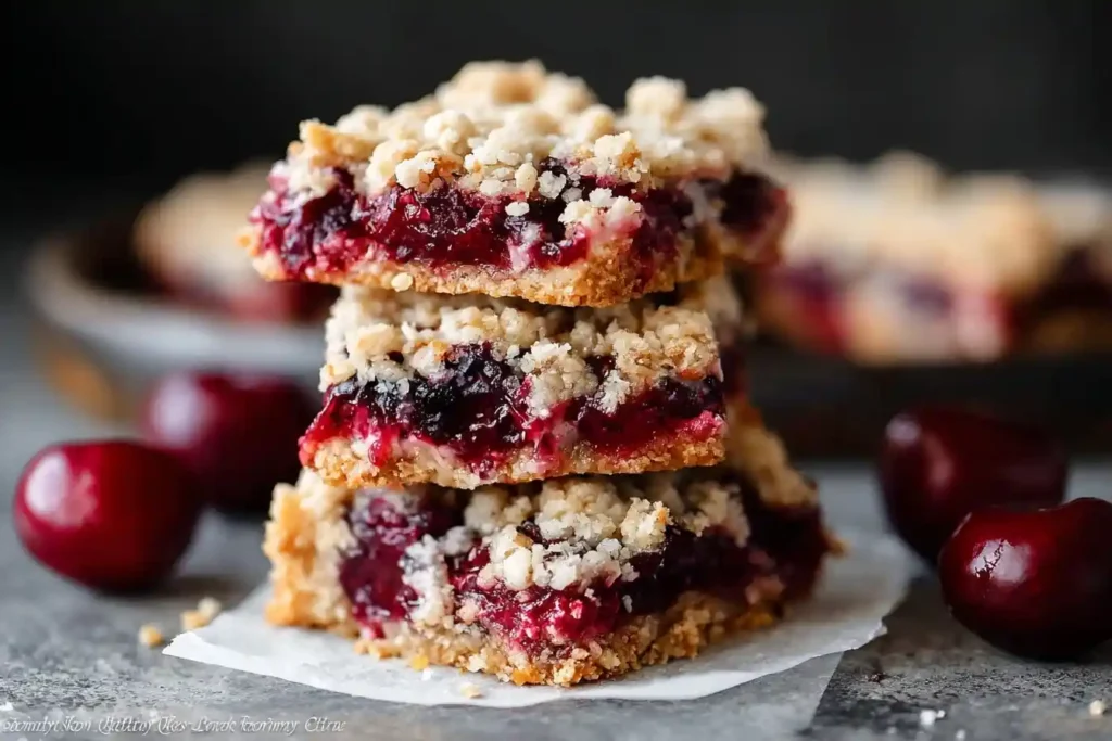 A close-up shot of three delicious cherry crumble bars stacked on parchment paper, with fresh cherries scattered around them.