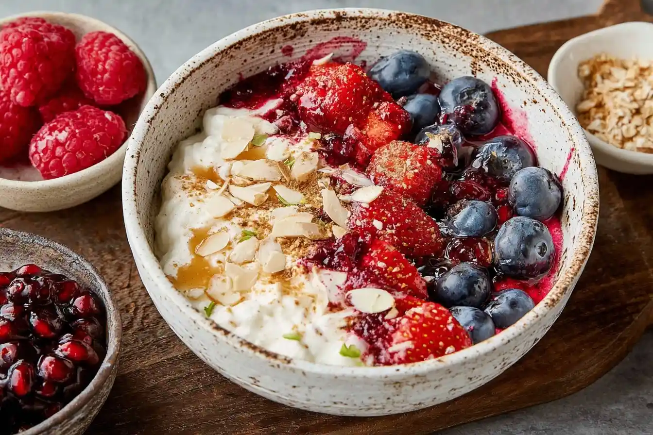 A rustic ceramic bowl of a healthy Cottage Cheese Bowl topped with berries, slivered almonds, and a drizzle of honey.