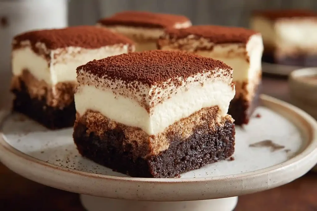 A close-up of a layered Tiramisu Brownie on a rustic white cake stand, with more slices blurred in the background.