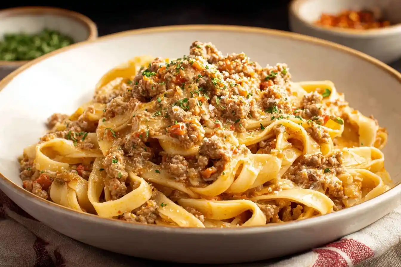A delicious bowl of classic Pasta Bolognese, featuring wide noodles coated in a rich meat sauce and garnished with fresh herbs.