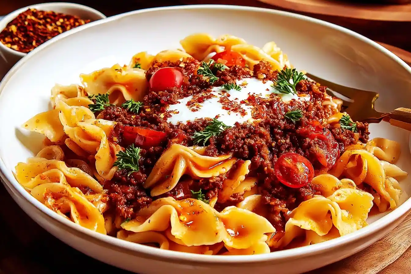 A close-up of a white bowl of Turkish Pasta with Meat and Yogurt, topped with tomatoes, herbs, and red pepper flakes.