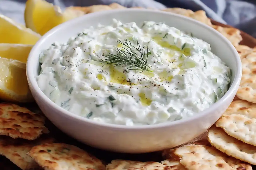 A white bowl of creamy cucumber dip from a delicious {{ $('Fetch Recipe Data').first().json["Main Keyword"] }}, garnished with fresh dill and served with crackers.