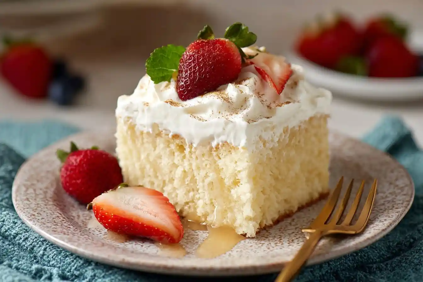 A slice of authentic Tres Leches Cake on a plate, topped with whipped cream, cinnamon, and a fresh strawberry.