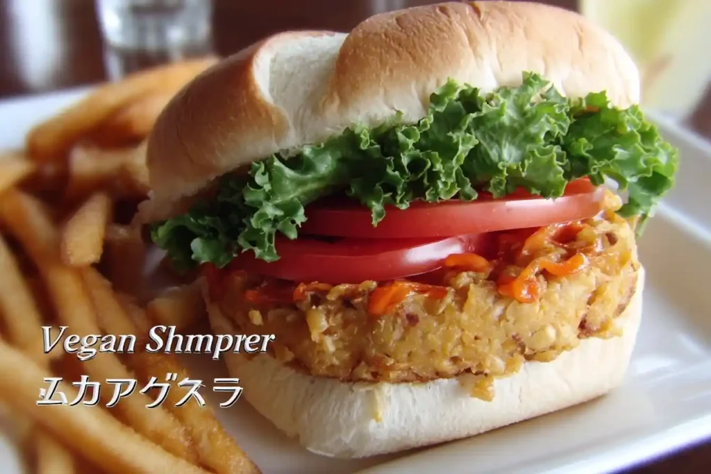 A delicious-looking vegan burger with lettuce and tomato, served with a side of crispy french fries on a white plate.