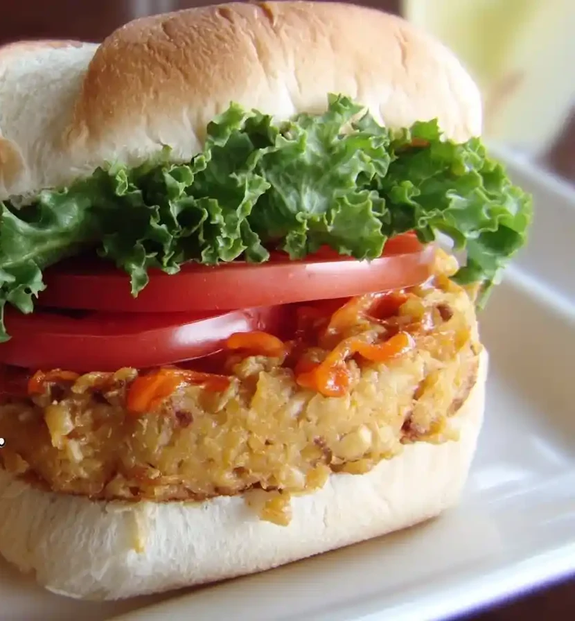 A delicious-looking vegan burger with lettuce and tomato, served with a side of crispy french fries on a white plate.