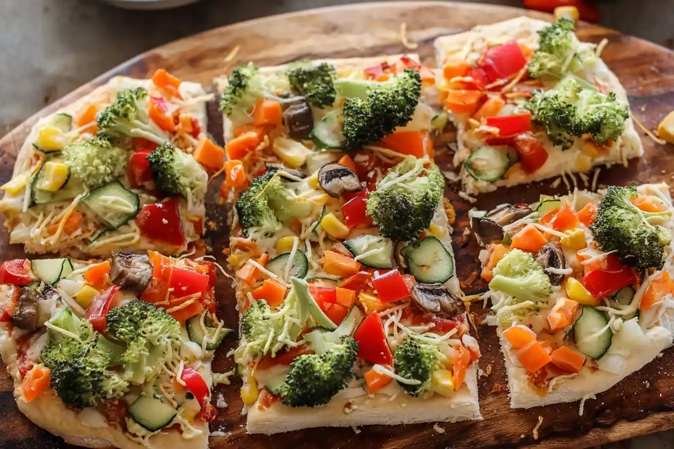 A homemade cold veggie pizza cut into square slices on a wooden board, loaded with fresh broccoli, carrots, and peppers.