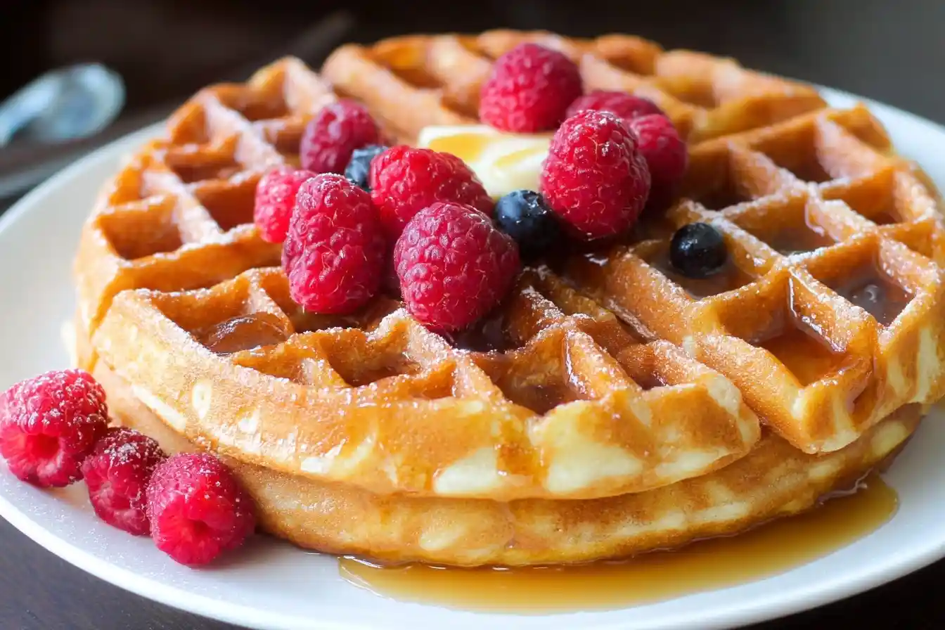 A close-up of stacked, golden {{ $('Fetch Recipe Data').first().json["Main Keyword"] }} topped with fresh raspberries, blueberries, and syrup.
