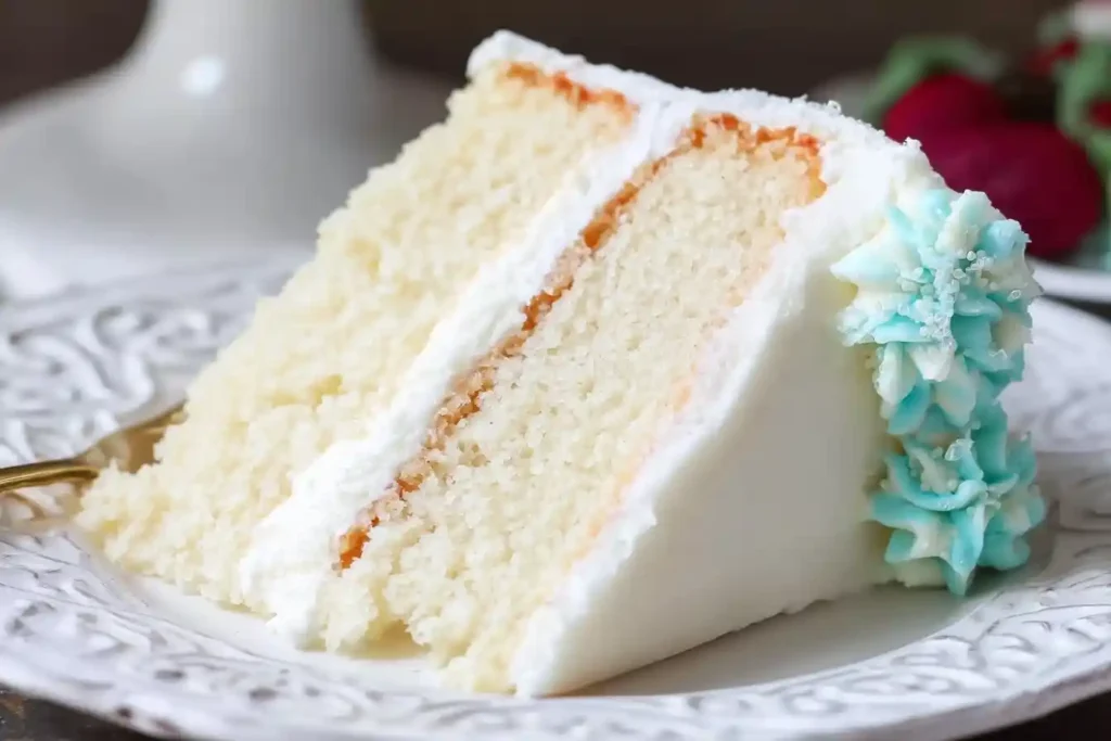 A close-up slice of a moist two-layer cake from a classic white cake recipe, decorated with white and blue frosting on a plate.