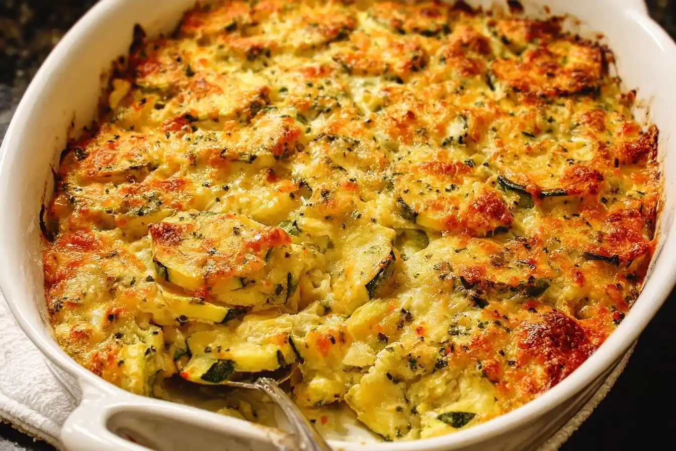 A close-up of a cheesy, golden-brown baked squash casserole in a white oval dish with a serving spoon taking a scoop.