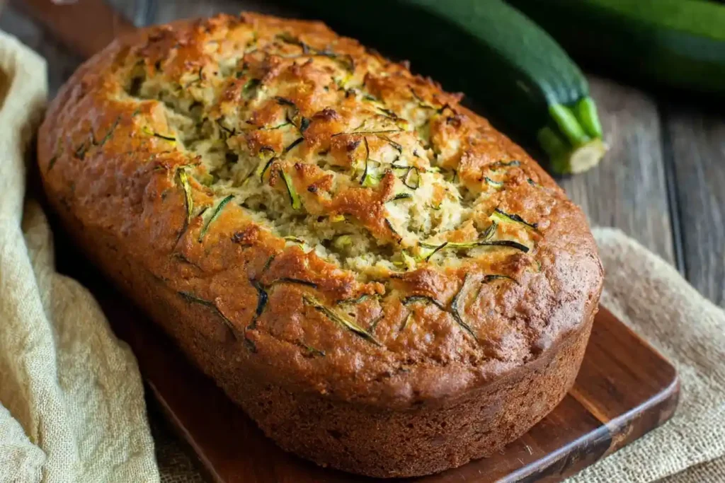 A freshly baked loaf of homemade zucchini bread sitting on a dark wooden cutting board with fresh zucchini in the background.