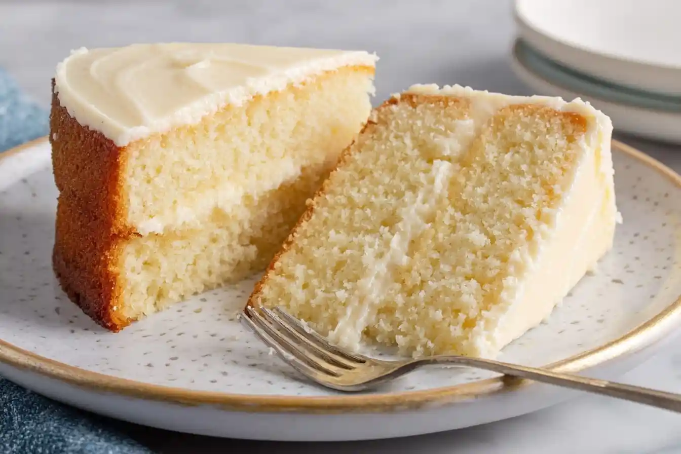 Two slices of a tender two-layer cake with vanilla frosting on a speckled plate, made from a classic vanilla cake recipe.