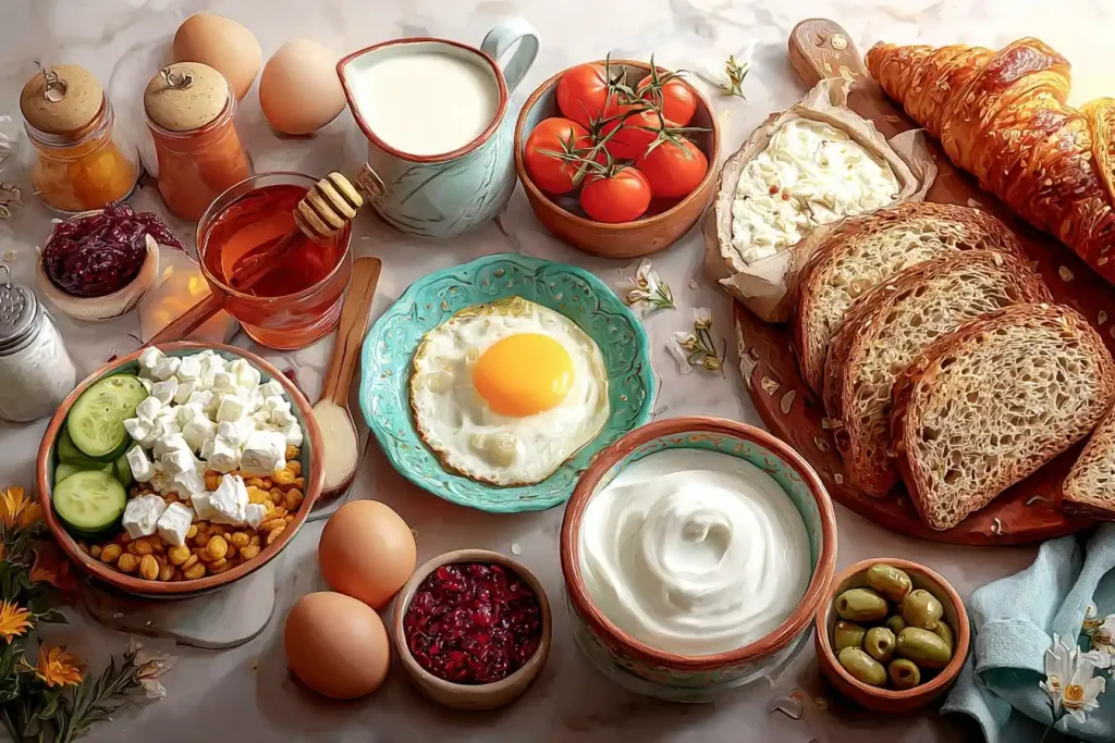 A vibrant Mediterranean breakfast spread with eggs, feta, yogurt, bread, tomatoes, and olives on a table.
