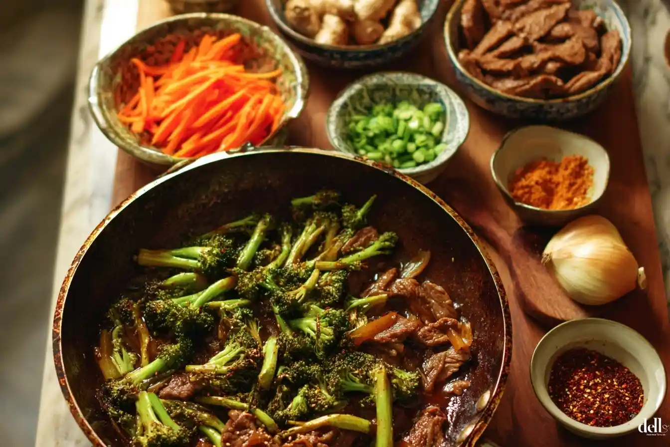 A pan of savory beef and broccoli stir fry, surrounded by bowls of fresh ingredients like carrots, ginger, and scallions.