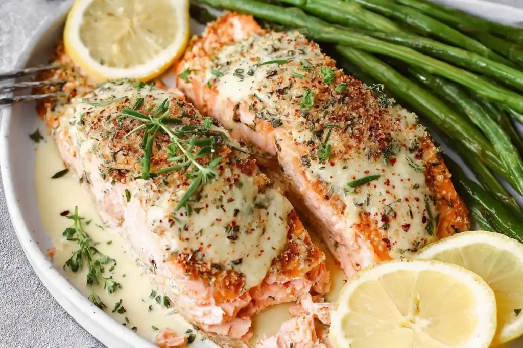 A close-up of a delicious baked salmon recipe with a creamy herb crust, served with green beans and lemon on a white plate.