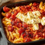 A close-up of a delicious {{ $('Fetch Recipe Data').first().json["Main Keyword"] }} in a black baking dish with roasted cherry tomatoes and herbs.