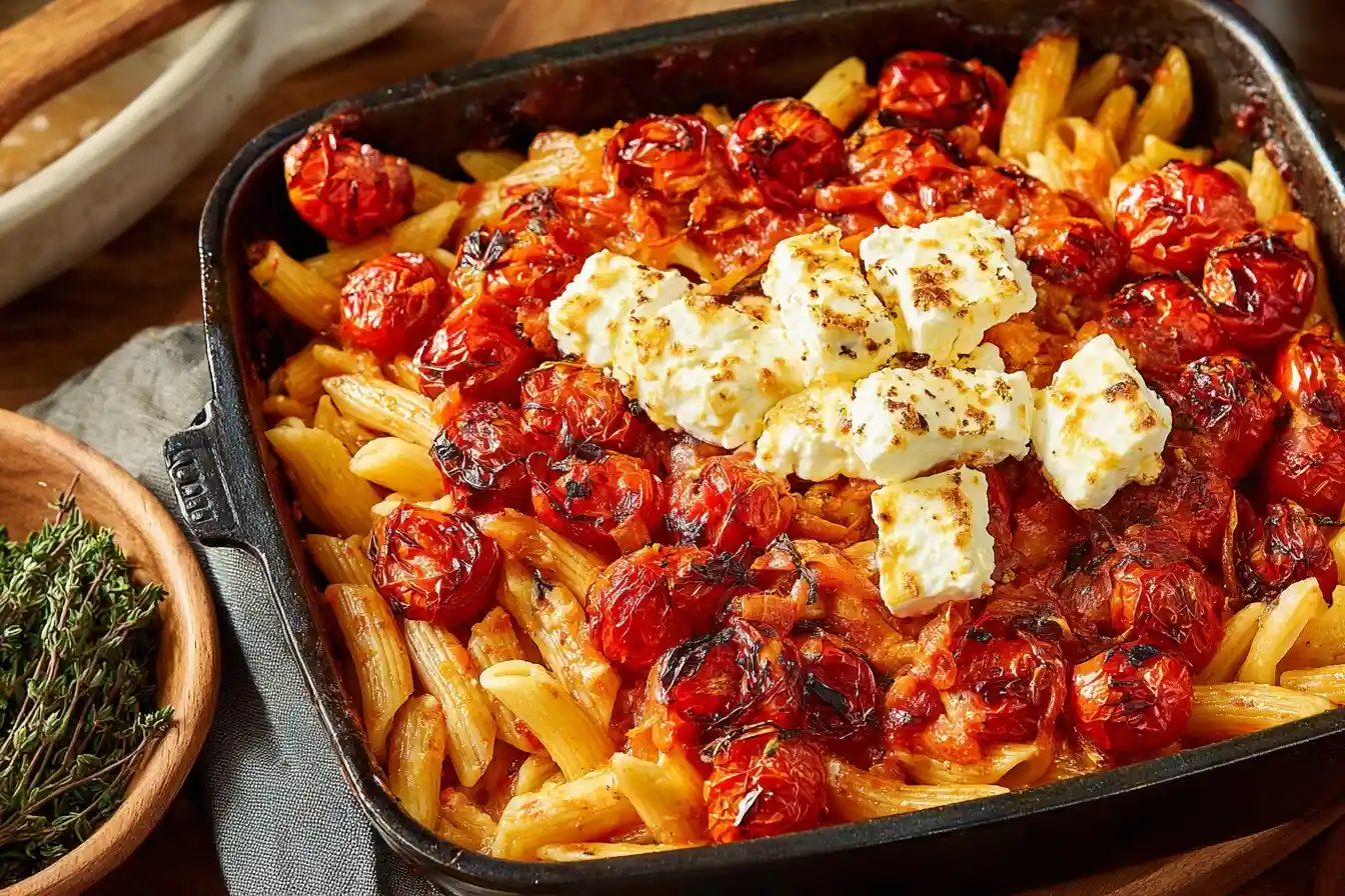 A close-up of a delicious {{ $('Fetch Recipe Data').first().json["Main Keyword"] }} in a black baking dish with roasted cherry tomatoes and herbs.