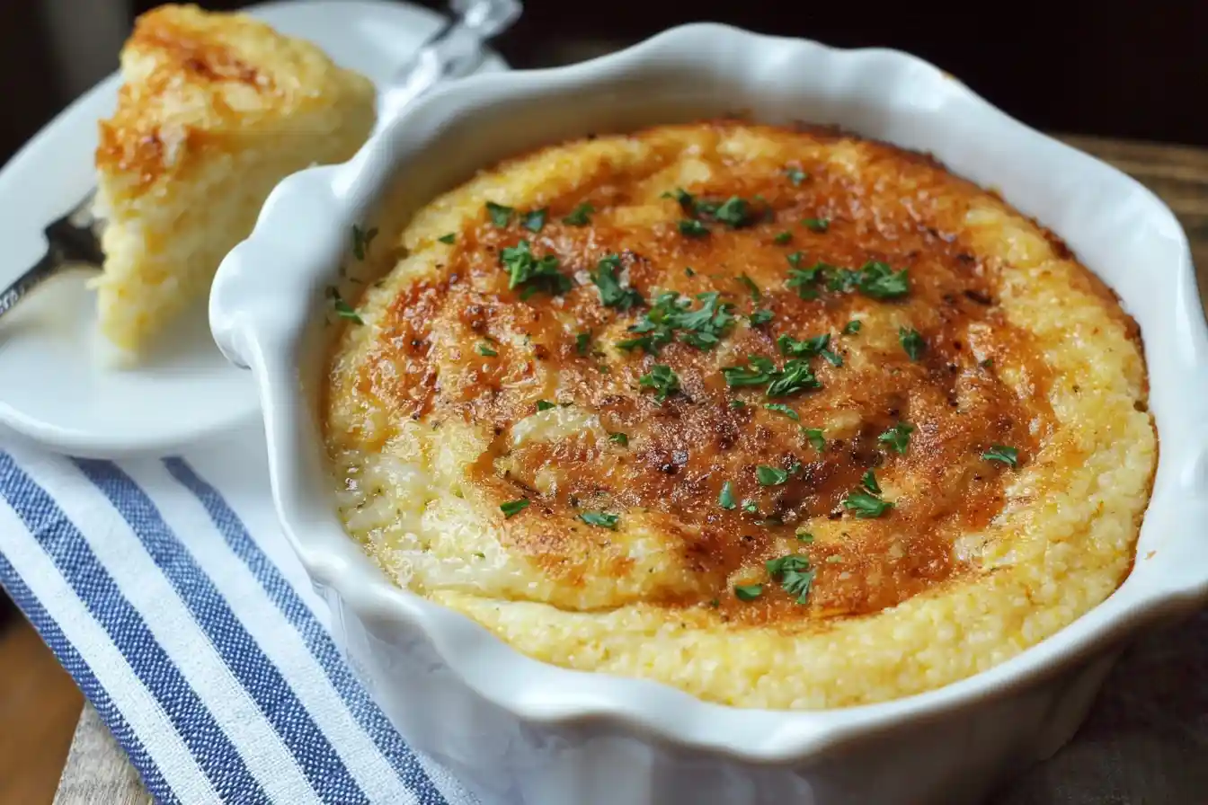 A golden brown {{ $('Fetch Recipe Data').first().json["Main Keyword"] }} in a white baking dish, garnished with parsley, with a slice on a plate.