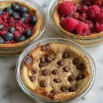 Three individual glass bowls of baked oats with different toppings, including berries and chocolate chips, on a marble surface.