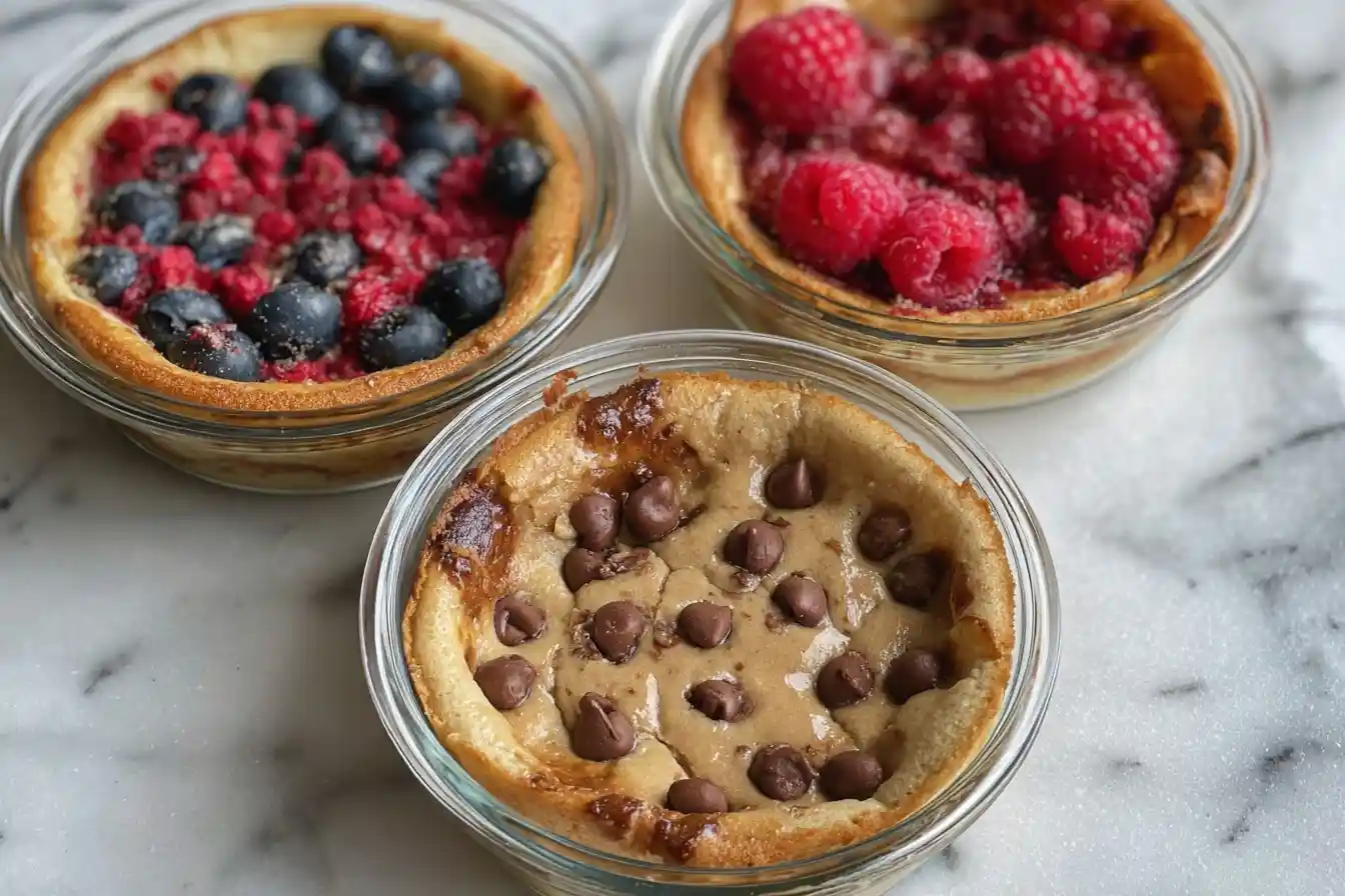 Three individual glass bowls of baked oats with different toppings, including berries and chocolate chips, on a marble surface.
