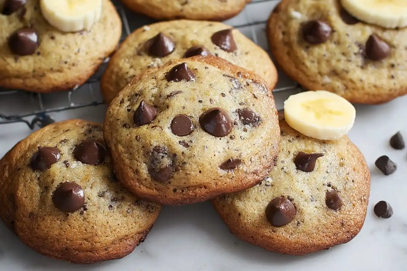 A close-up of soft and chewy Banana Chocolate Chip Cookies on a white surface, topped with fresh banana slices and chocolate morsels.