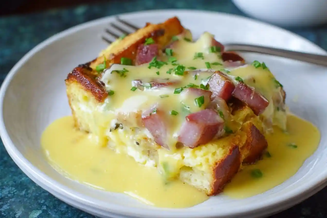 A slice of delicious Eggs Benedict Casserole on a white plate, topped with ham, creamy Hollandaise sauce, and chives.