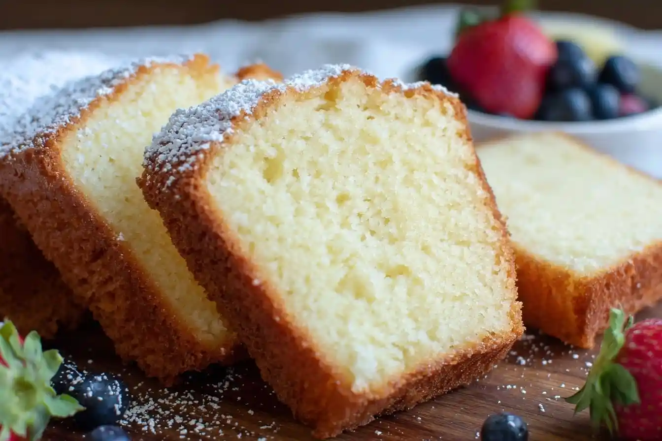 Slices of a classic pound cake dusted with powdered sugar, served on a wooden board with fresh strawberries and blueberries.