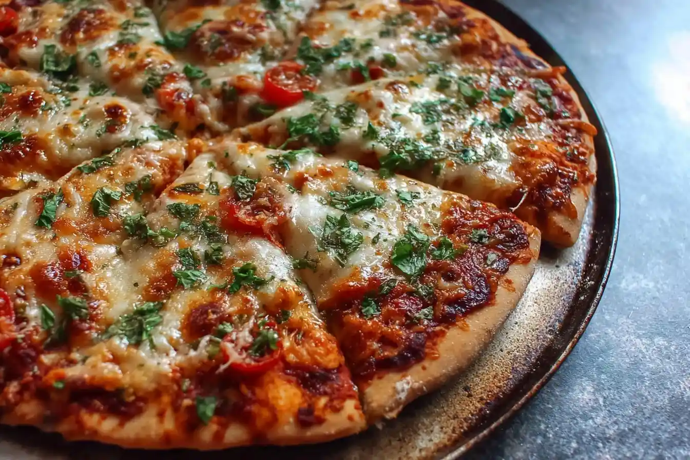 A close-up of a sliced homemade pizza on a baking pan, topped with bubbly cheese, tomatoes, and fresh herbs.