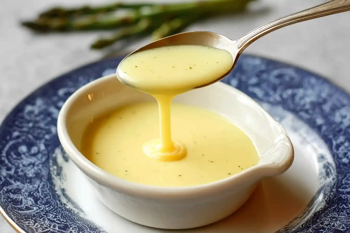 A silver spoon pouring creamy, classic Hollandaise Sauce into a white gravy boat with asparagus in the background.