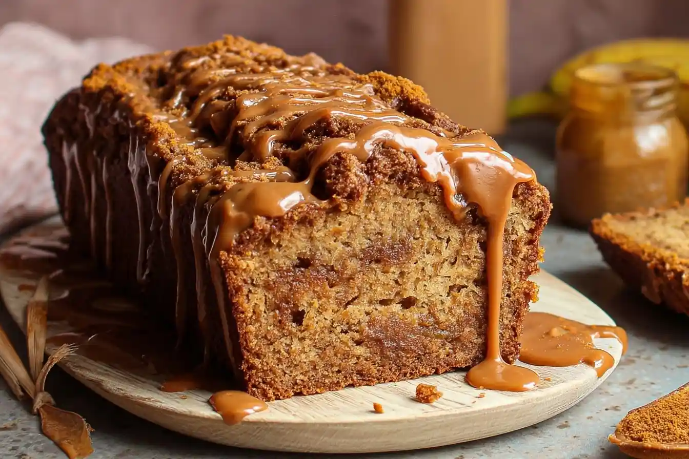 A sliced loaf of Biscoff banana bread on a wooden board, with a thick, melted Biscoff drizzle and cookie crumbles.