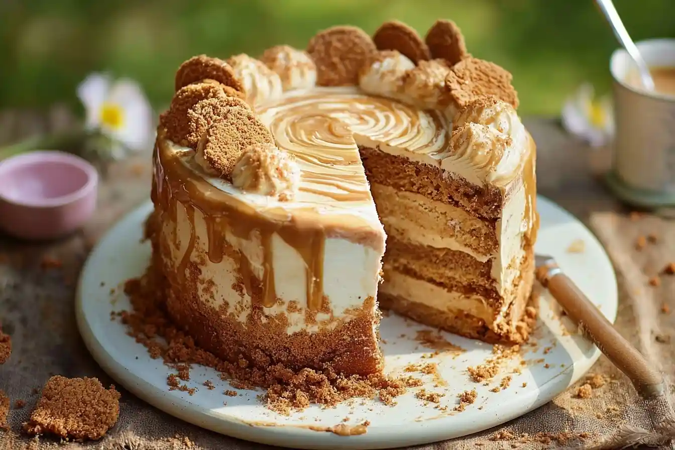 A layered Biscoff cake with caramel drizzle and cookie crumble topping, with one slice cut out to show the inside.